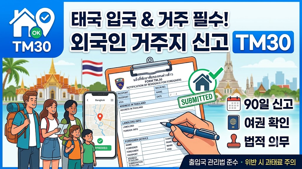 태국 이민국 거주지 신고 서식 TM30 영수증과 여권 서류