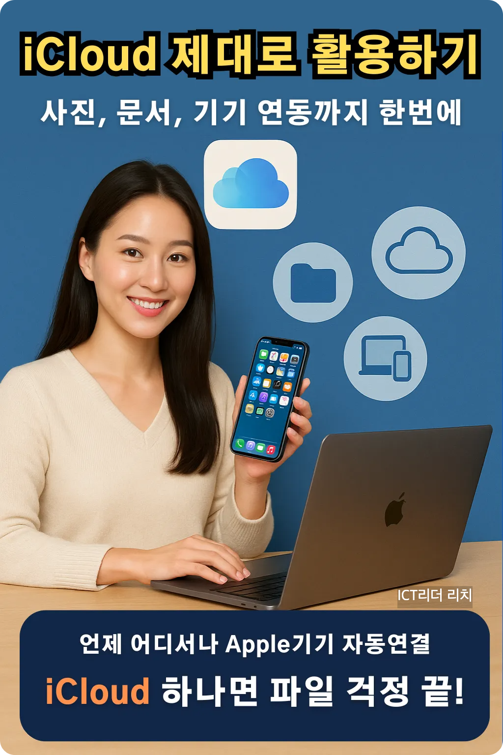 iCloud 기능을 소개하며 아이폰을 들고 있는 여성과 맥북 화면