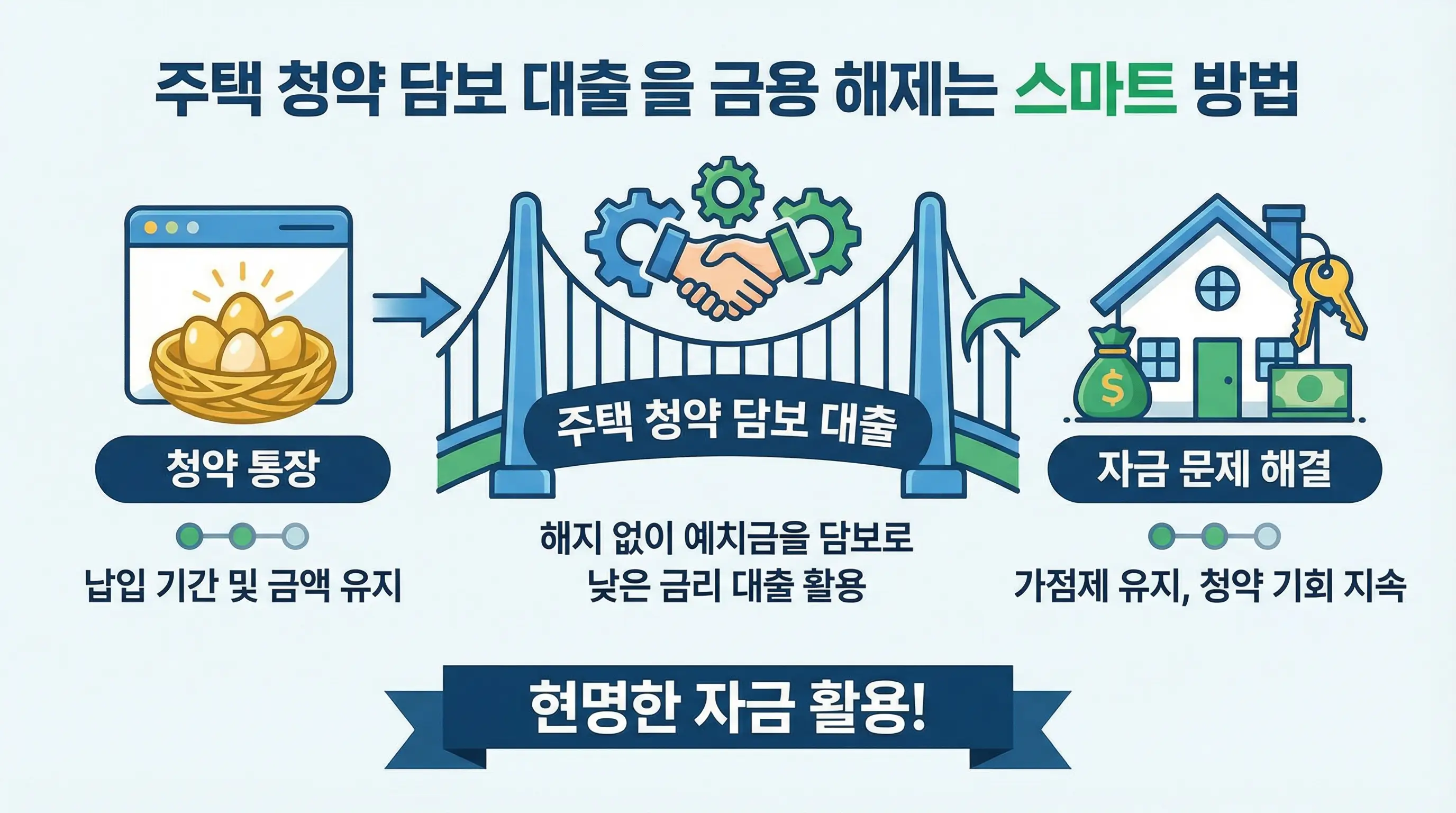 청약 통장을 해지하지 않고 주택 청약 담보 대출을 활용하여 자금 문제를 해결하는 현명한 방법을 보여주는 인포그래픽