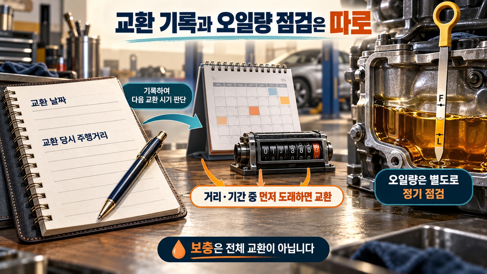 정비 기록의 교환 날짜와 주행거리를 확인해 다음 교환을 관리하고 별도로 엔진오일 레벨 게이지를 점검하는 순서를 설명한 인포그래픽