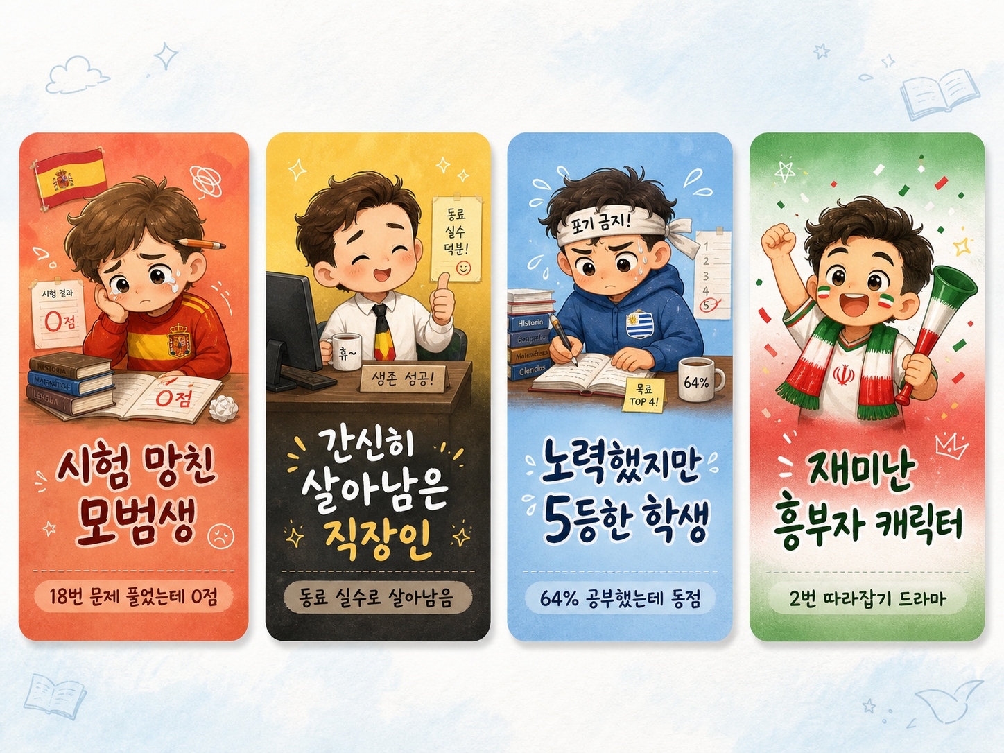 6월 16일 월드컵 4팀 캐릭터 스토리 카드 스페인 벨기에 우루과이 이란 일상 비유