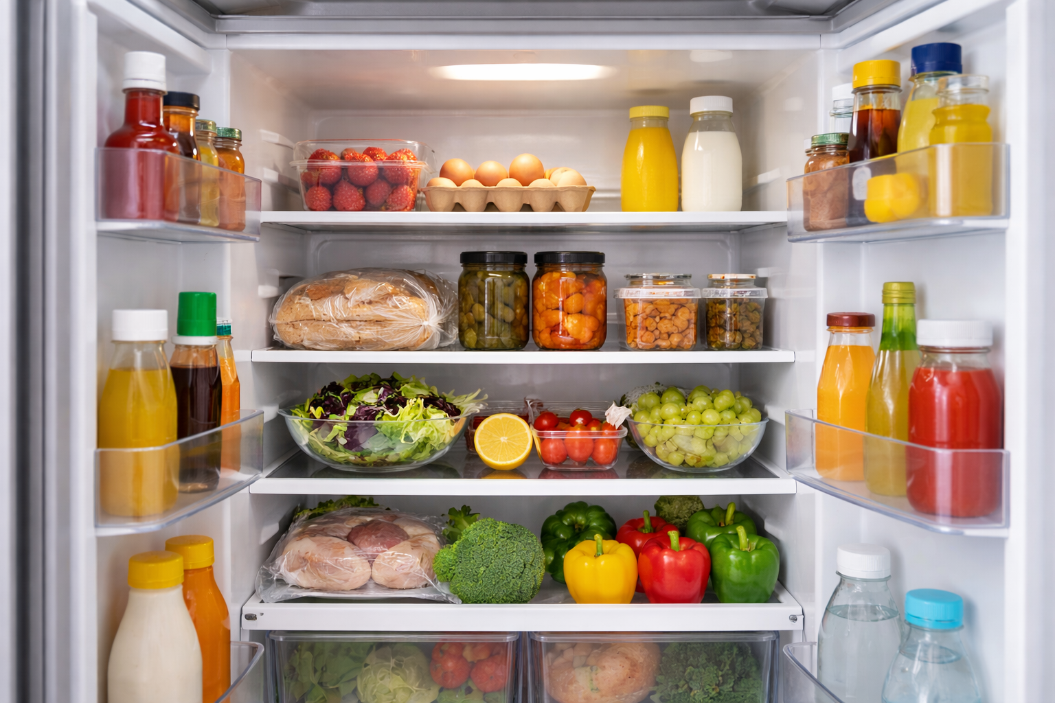 냉장고 문을 열었을 때 보이는 내부 모습