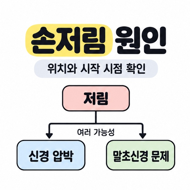손저림 원인 제목 아래 저림의 여러 가능성을 신경 압박과 말초신경 문제로 나눈 분류 도식
