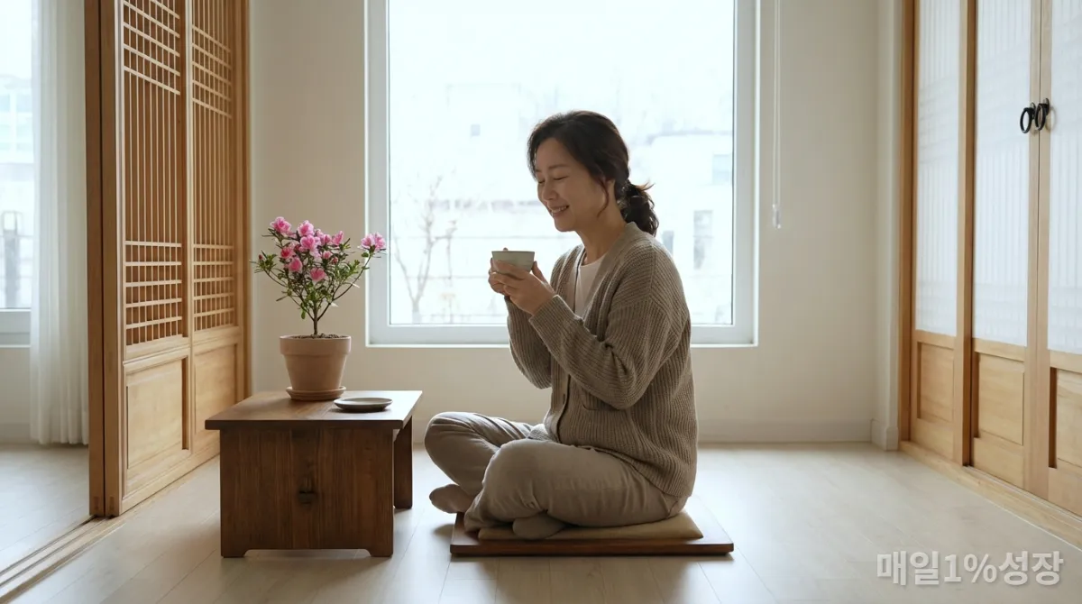 자신의 감정을 돌보기 위해 명상하는 한국인 엄마