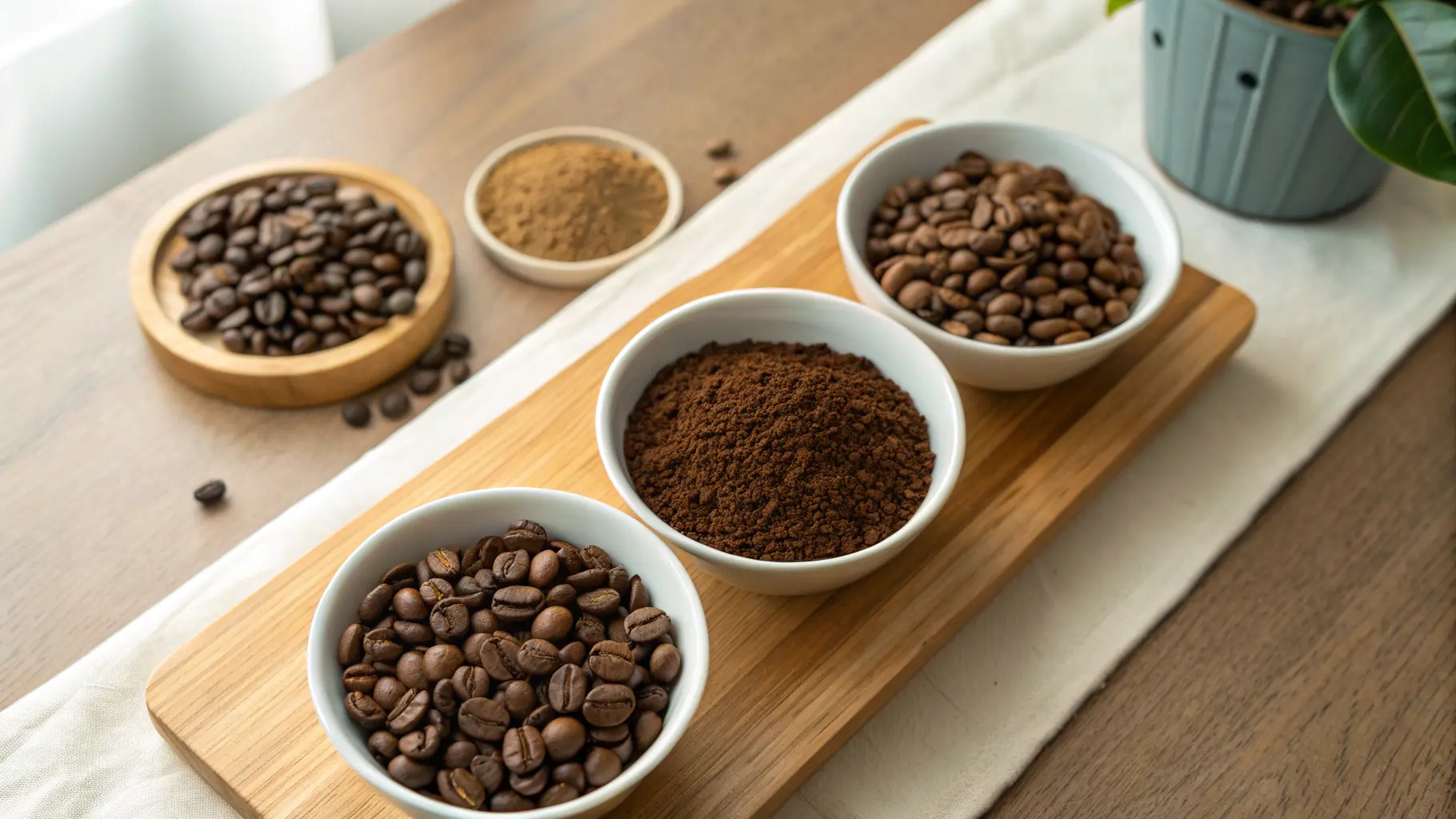 굵은 분쇄, 중간 분쇄, 고운 분쇄 원두가 나란히 배열된 모습. 각 분쇄도의 입자 크기가 명확하게 보이며, 밝은 자연광 아래 정돈된 홈카페 테이블 위에 놓여 있는 장면