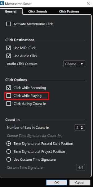 메트로놈 설정: click while playng - 재생할 때는 자동 끄기