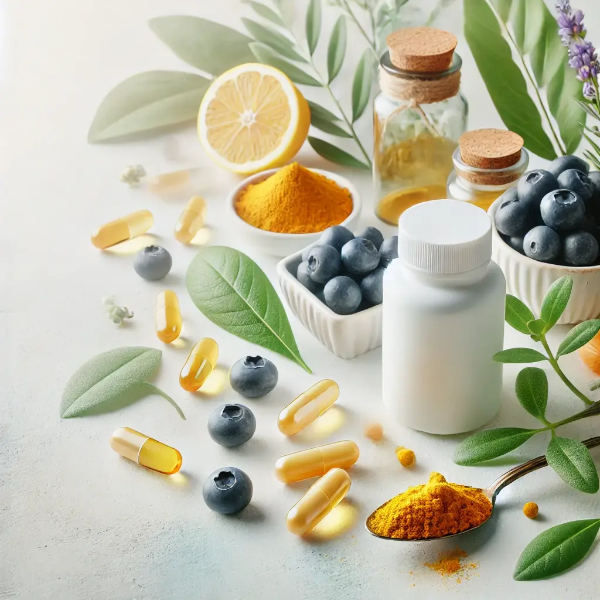 오메가-3, 항염증 식품, 두뇌 건강 보조제가 정돈된 스튜디오 이미지