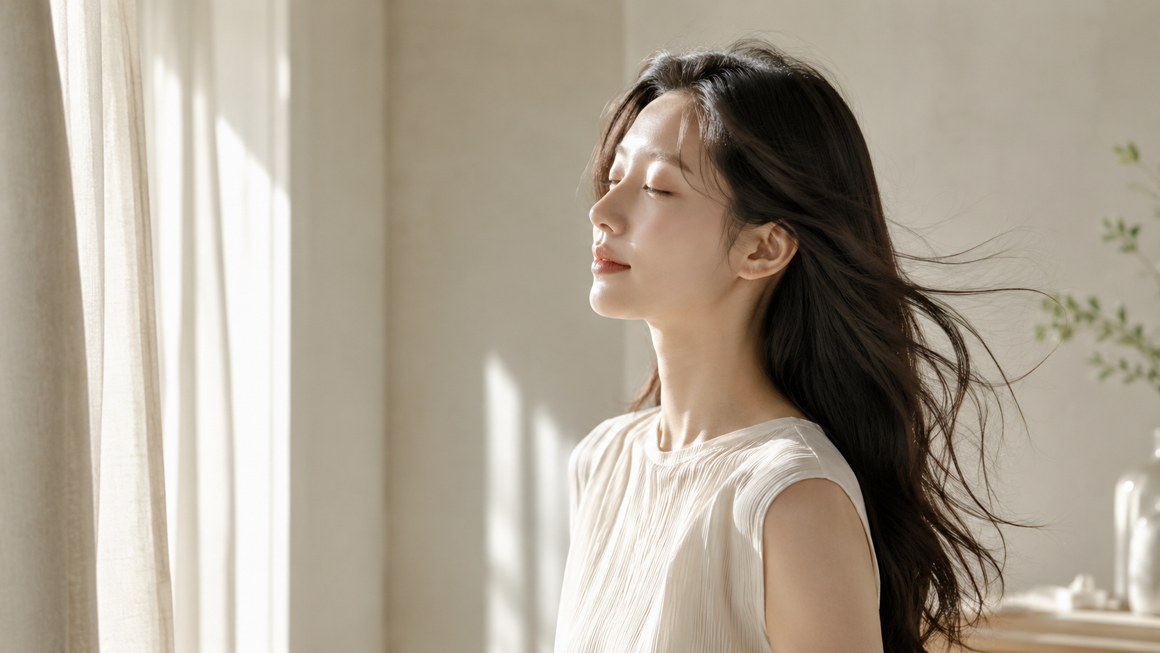 햇살이 드는 창가에서 눈을 감고 은은한 향을 느끼는 긴 머리 한국 여성 이미지