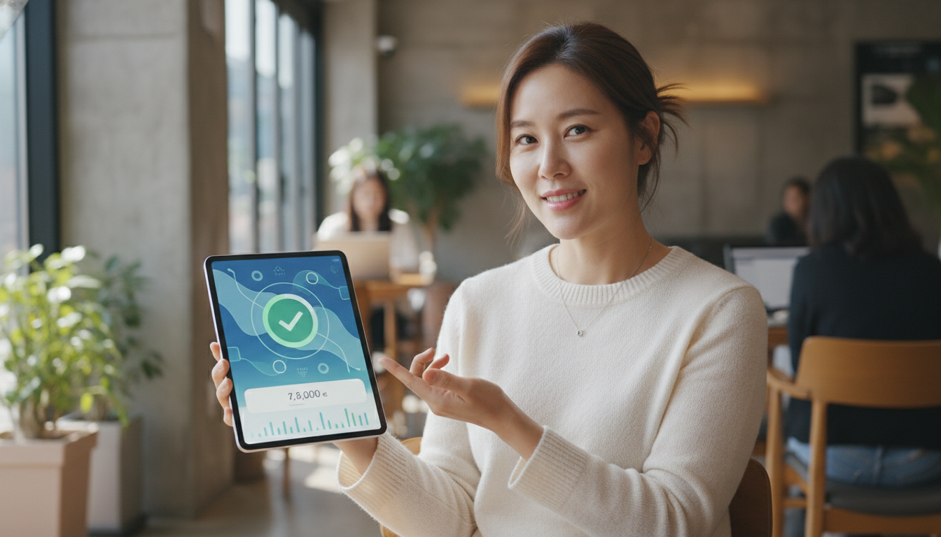 민간 세무 플랫폼을 이용해 간편하게 세금 환급을 확인하며 만족하는 현대 한국 여성의 모습.