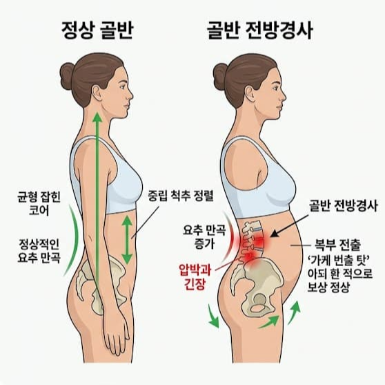 골반 전방경사 오리궁둥이 체형 비교 인포그래픽