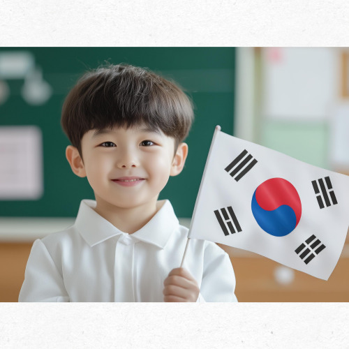 가족과 태극기 게양