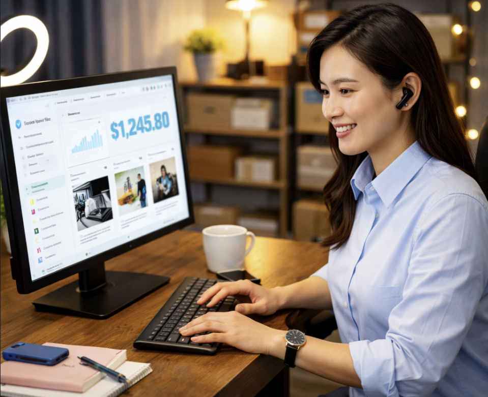 컴퓨터를 이용해 부업하는 여성이미지