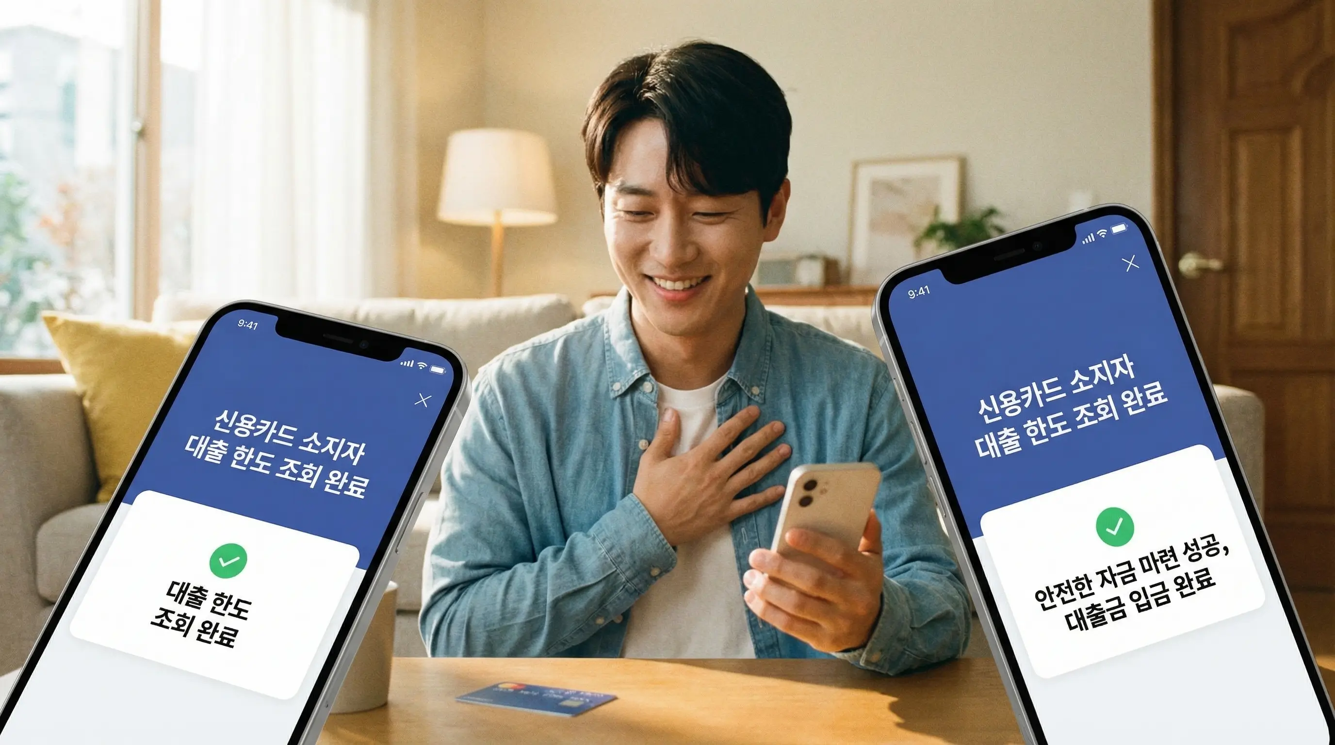 스마트폰으로 안전한 신용카드 소지자 대출 한도를 조회하고 자금을 마련하여 안도하는 모습