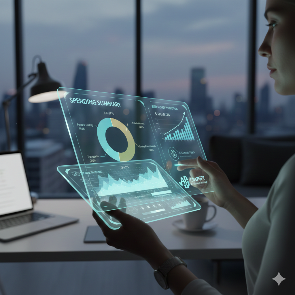 AI 챗지피티가 만든 투명한 홀로그램 화면을 여성 직장인이 들여다보며 재정 분석을 하는 모습. 화면에는 지출 요약(Spending Summary) 파이 차트와 시드머니 예측(Seed Money Projection) 막대 그래프가 표시되어 있고, 밤의 도시 풍경이 보이는 사무실 창가에 앉아있는 모습입니다.