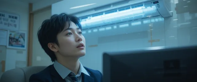 에어컨 바람을 직접 맞고 몸이 으슬으슬한 상태로 사무실에 앉아 있는 직장인의 모습