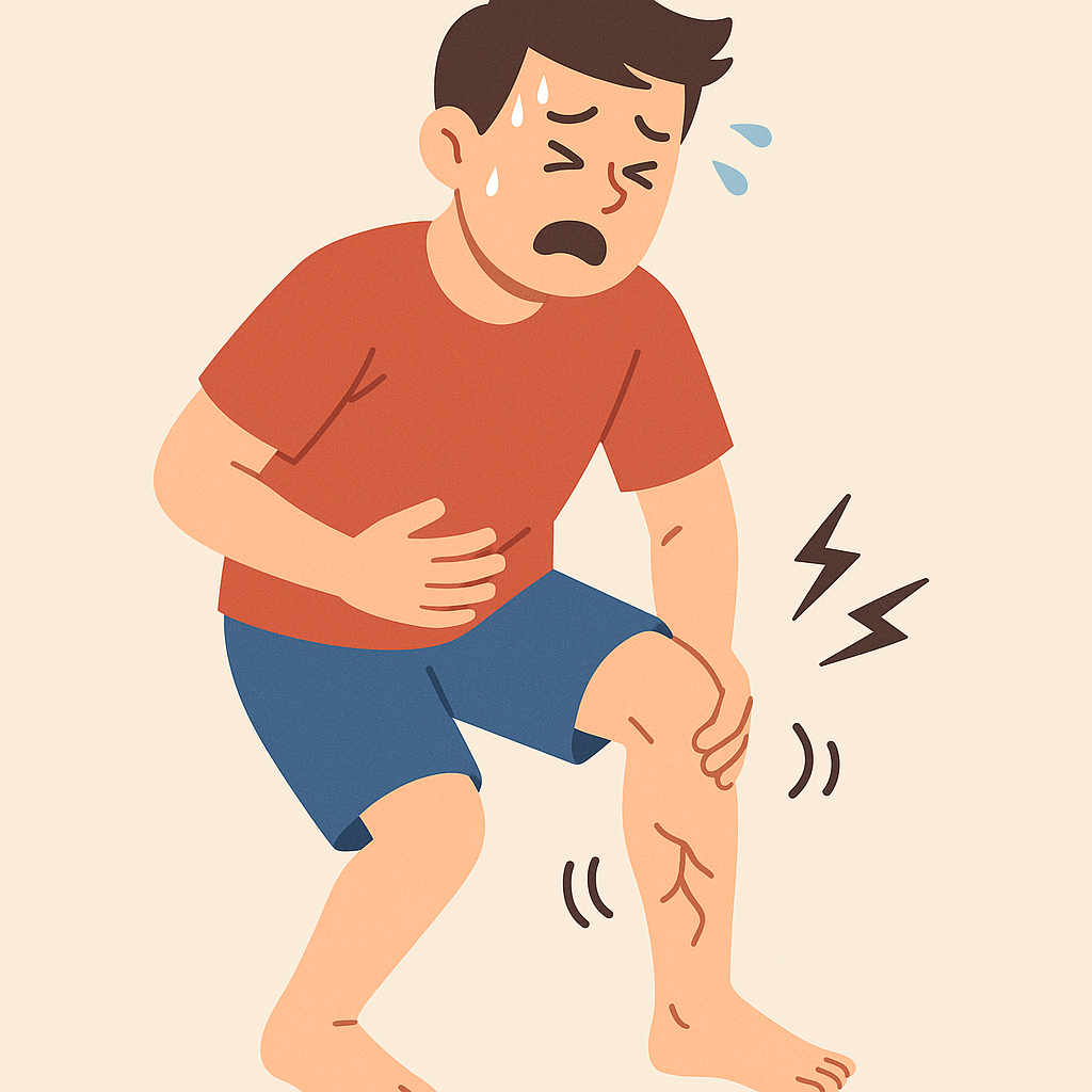 다리에 근육 경련을 겪으며 고통스러워하는 남성의 열경련 일러스트