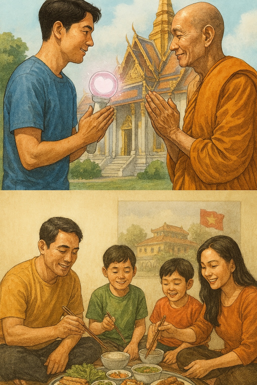 태국의 개방적 분위기와 베트남의 가족중심주의를 표현한 일러스트