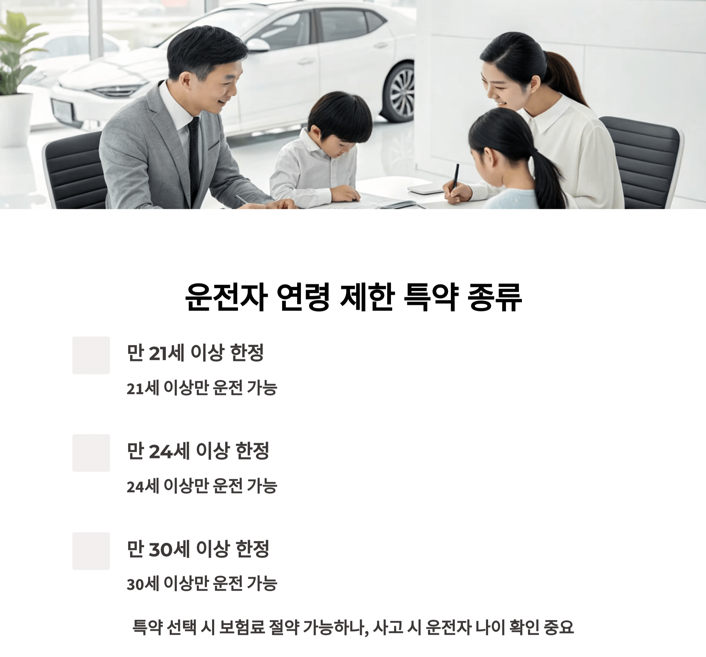 운전자 연령 제한 특약 종류 안내입니다.