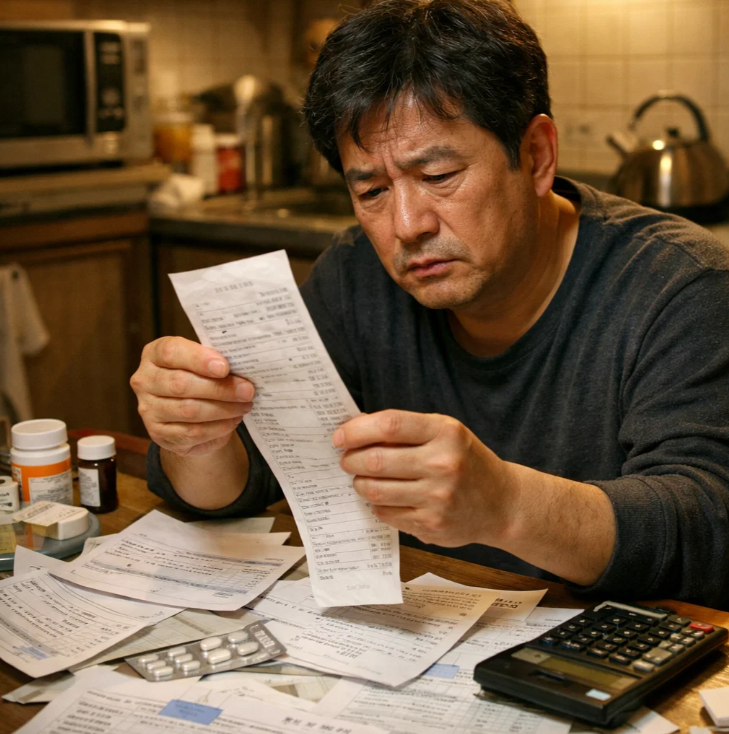 고혈압 환자가 약국 영수증과 처방전을 확인하며 급여&middot;비급여 의료비 부담을 고민하는 장면