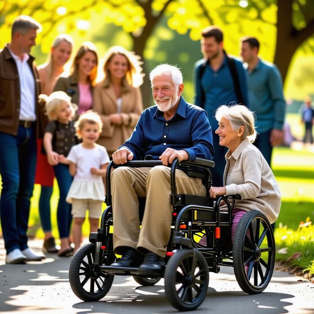 가족과 함께하는 노인: 가족과 함께 실버카를 이용해 나들이를 떠나는 노인의 모습. 가족의 사랑과 지원을 나타냄.