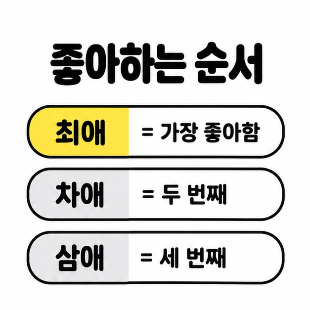 최애는 가장 좋아함 차애는 두 번째 삼애는 세 번째라는 선호 순서 비교 도식