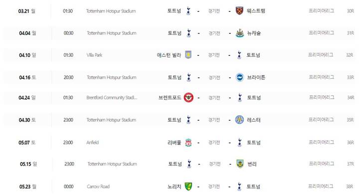 토트넘-EPL-남은-경기-일정