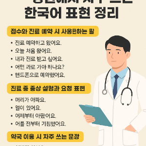 병원에서 사용하는 실전 한국어 표현을 상황별로 정리한 인포그래피