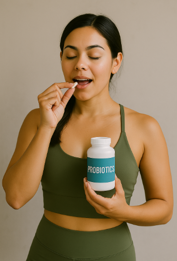프로바이오틱스를 먹고있는 여성의 이미지