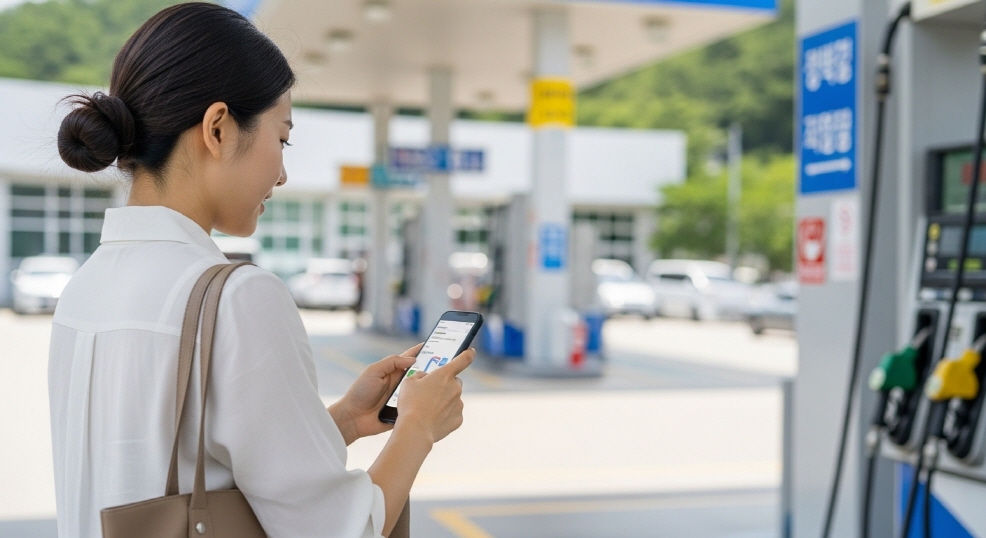 주유소에서 앱 보며 길 안내 중인 여성