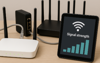 Wi-Fi 라우터와 신호 강도 그래프가 표시된 태블릿이 함께 놓인 네트워크 장비 장면