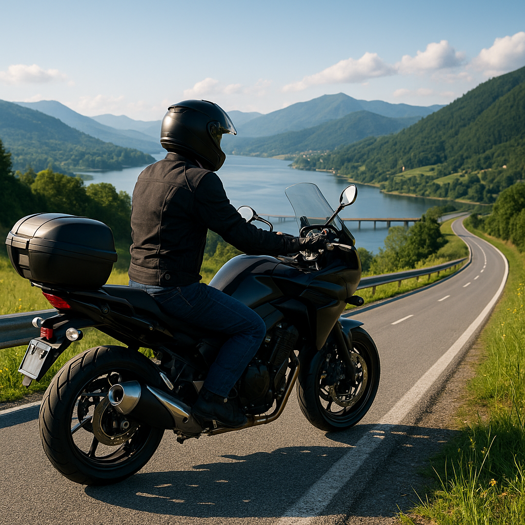 명소를 배경으로 오토바이를 탄 라이더