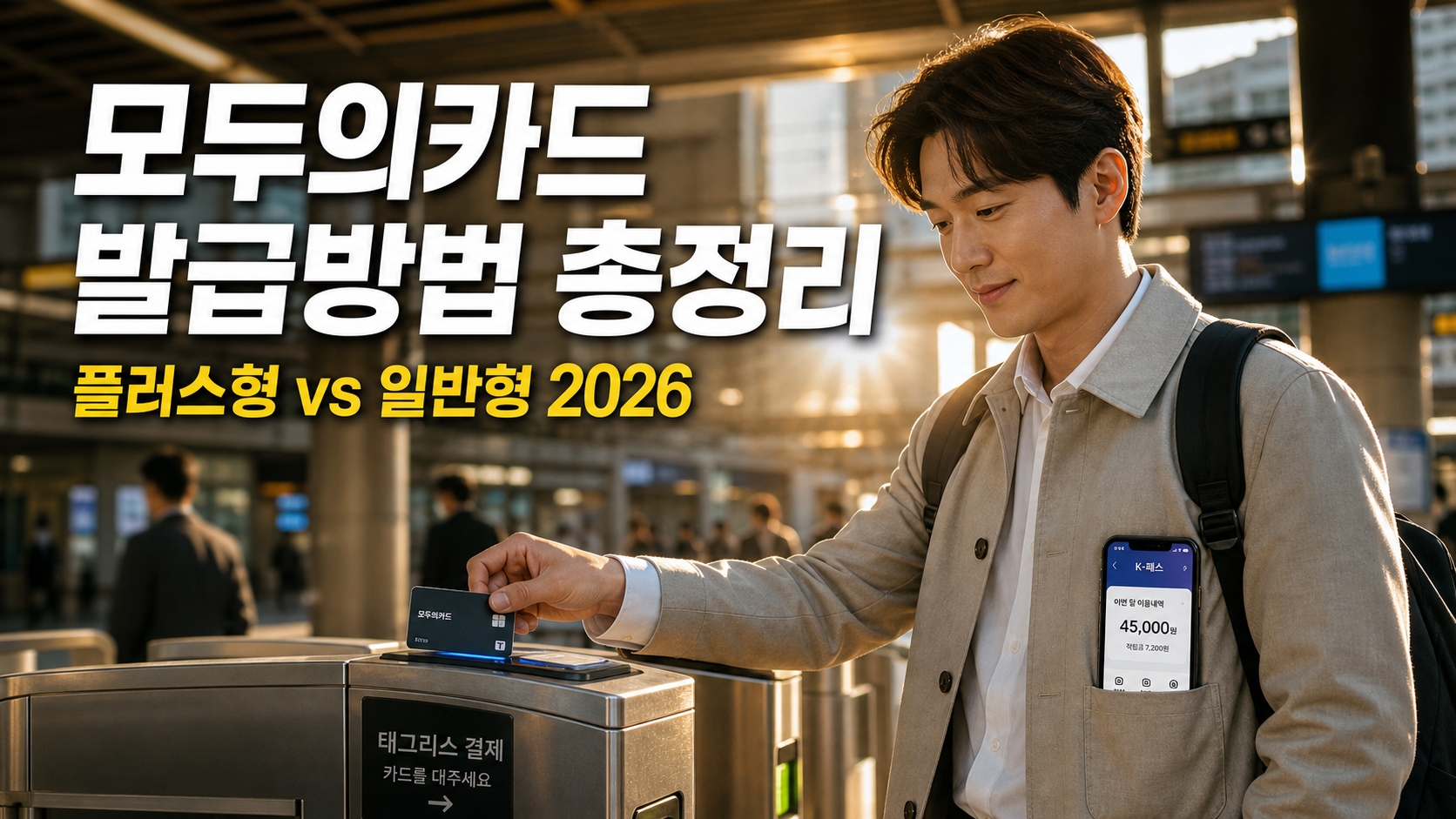 모두의카드 발급방법 썸네일.남성이 지하철 개찰구 입구에서 태그하고 있는 사진.