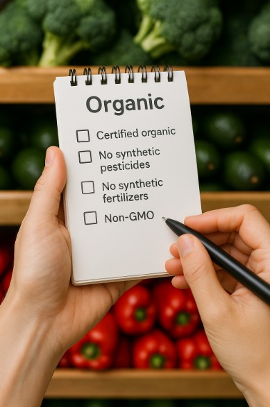 유기농 체크리스트 메모와 채소 진열대