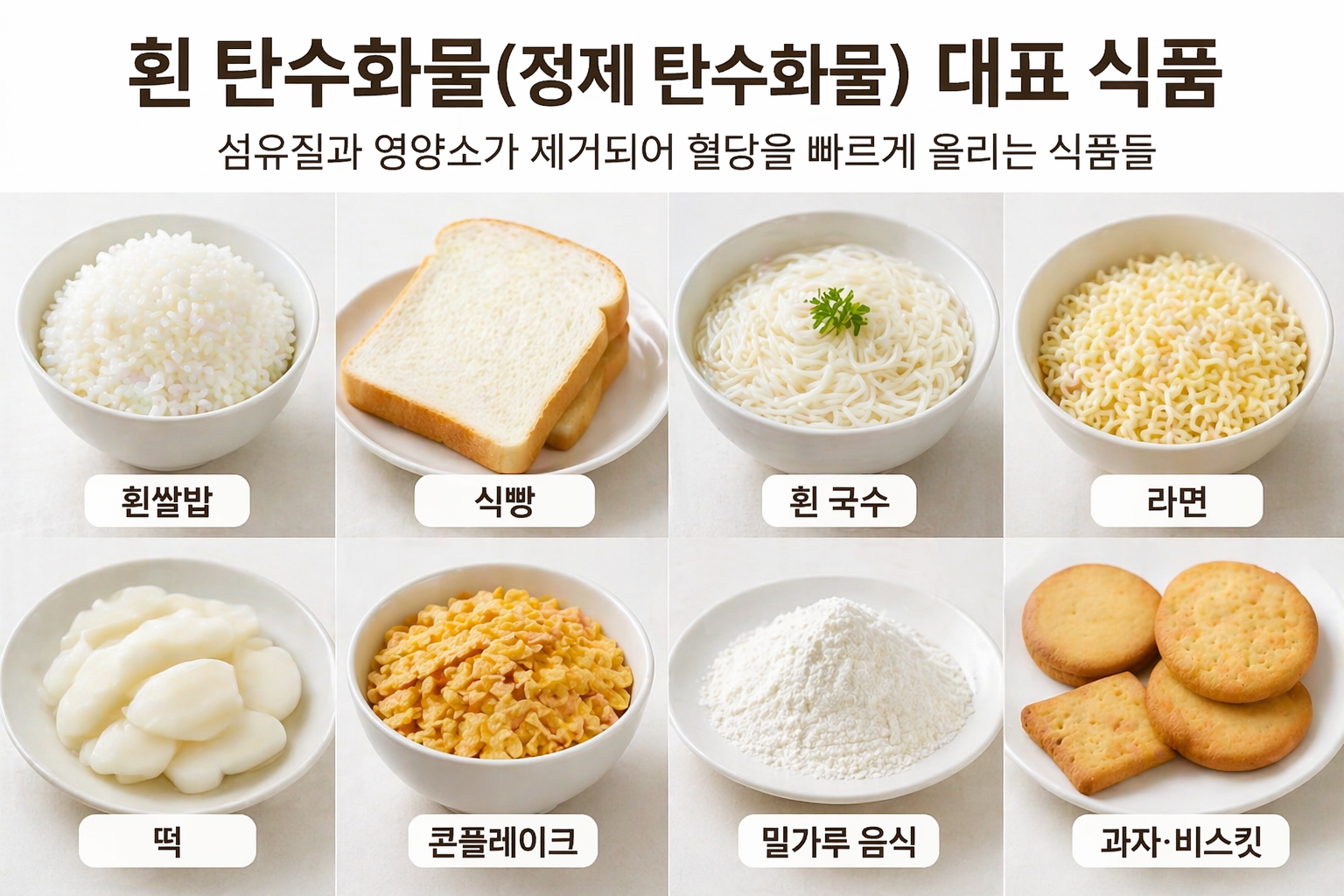 흰 탄수화물 음식 종류를 보여주는 인포그래픽 이미지로 흰쌀밥, 식빵, 국수, 라면, 떡, 콘플레이크, 밀가루 음식, 과자 등이 포함되어 있다