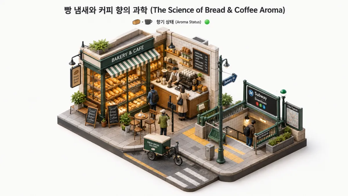 따뜻한 아침 햇살 아래 갓 구운 크루아상과 김이 피어오르는 커피 한 잔, 빵 냄새와 커피 향이 유혹적인 미니어처 디오라마