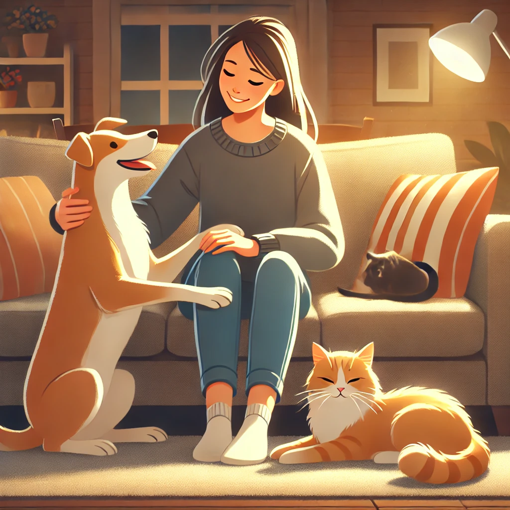 사람과 강아지 고양이가 친근하게 있는 모습
