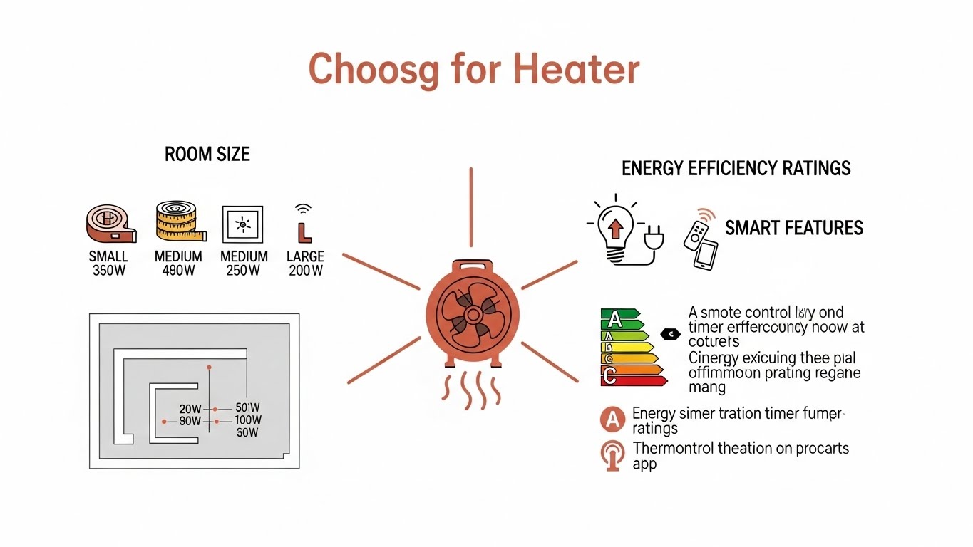 팬 히터를 선택하는 주요 요소인 객실 크기, 에너지 효율 등급, 스마트 기능을 설명하는 스타일리시한 인포그래픽 또는 다이어그램입니다.