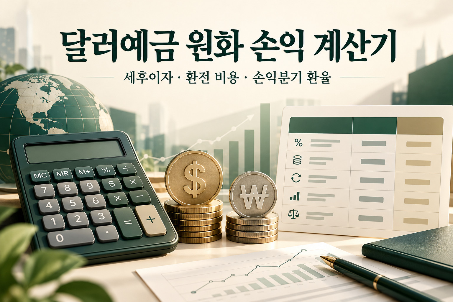 달러예금 원화 손익 계산기 - 가입·만기 환율·세후이자·환전 비용 비교