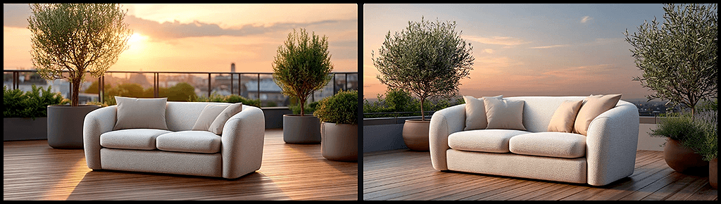 공간 연출, OREF로 고정된 쇼파가 있는 야외 테라스, 석양빛의 여름 분위기 이미지_Midjourney