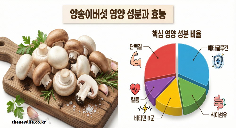양송이버섯의 주요 영양 성분과 그에 따른 과학적 효능을 분석하여 정리한 도표