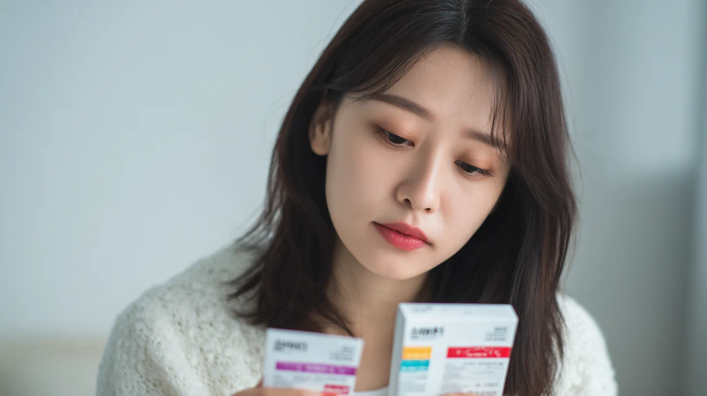 두 개의 약 상자를 비교하는 한국인 이미지