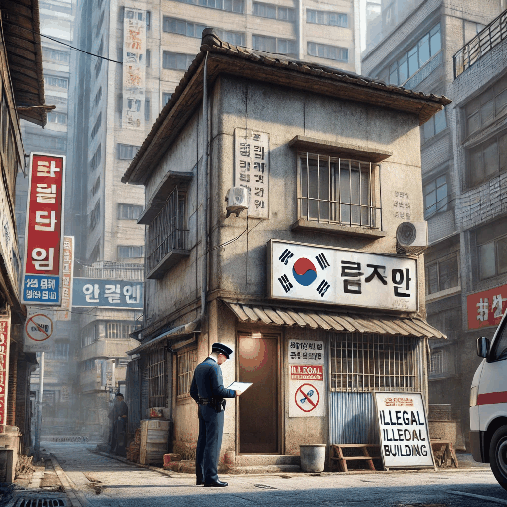 무허가 건축물을 점검하는 공무원과 걱정스러운 건물주가 한국의 도시 골목에서 마주한 현실적인 장면