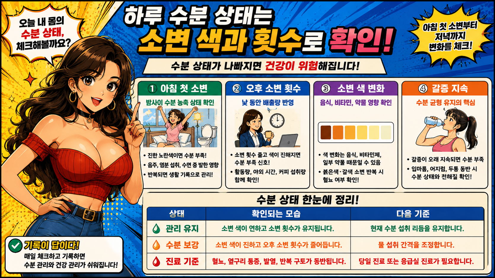 하루 수분 상태를 아침 첫 소변 색, 오후 소변 횟수, 갈증 지속 시간, 진료 기준으로 확인하는 만화형 건강 체크 인포그래픽