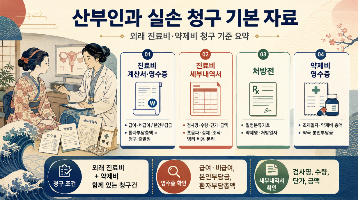 산부인과 외래 진료비와 약제비 실손 청구 기본 자료를 진료비 영수증, 세부내역서, 처방전, 약제비 영수증으로 정리한 우키요에 스타일 인포그래픽