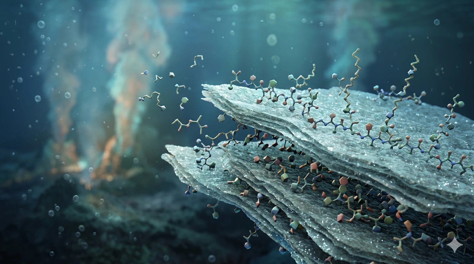 [모래알의 망원경] 몽모릴로나이트 촉매: 특정 점토 광물의 결정 표면이 RNA 분자의 합성을 돕는 거푸집 역할을 수행하는 과정을 나타낸 분자 수준의 심화 관측 데이터.
