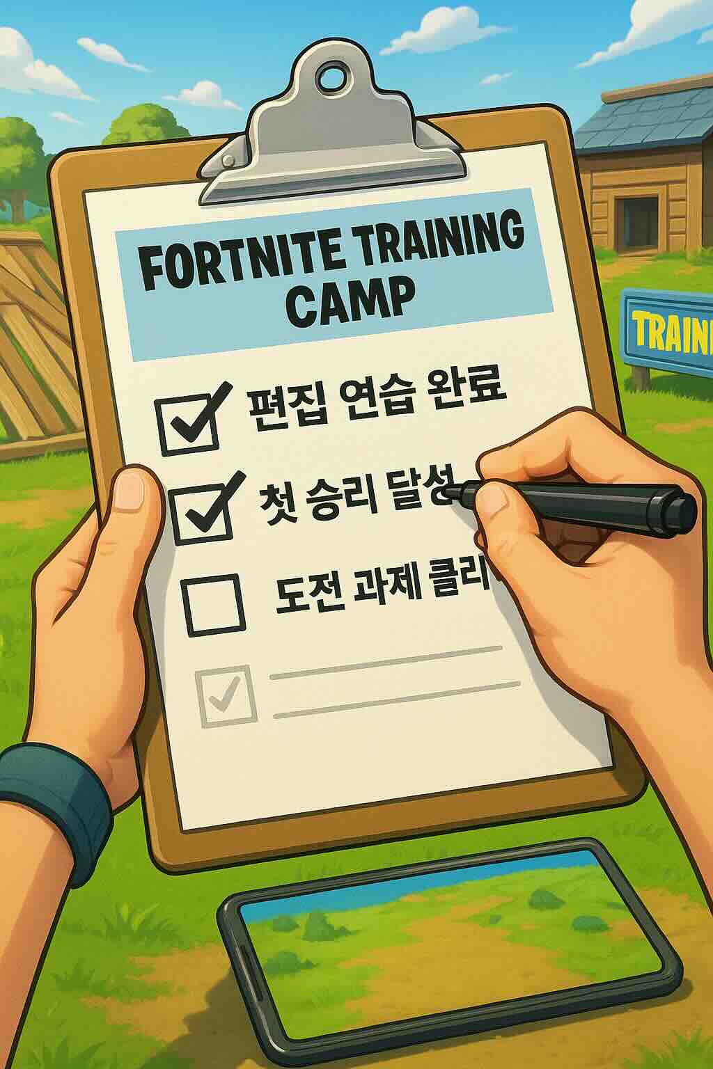 포트나이트 유저가 실전 체크리스트를 점검하는 트레이닝 캠프 장면