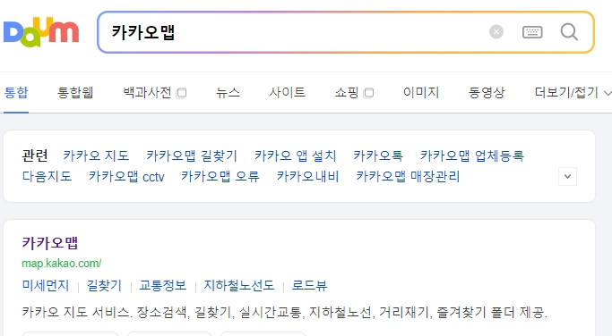 카카오맵 초기 화면과 검색창