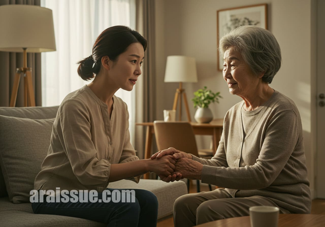 자녀가 노인의 손을 조심스럽게 감싸며 위로하는 모습입니다. 현대적인 조명이 들어오는 따뜻한 톤의 거실에서 촬영된 장면입니다.