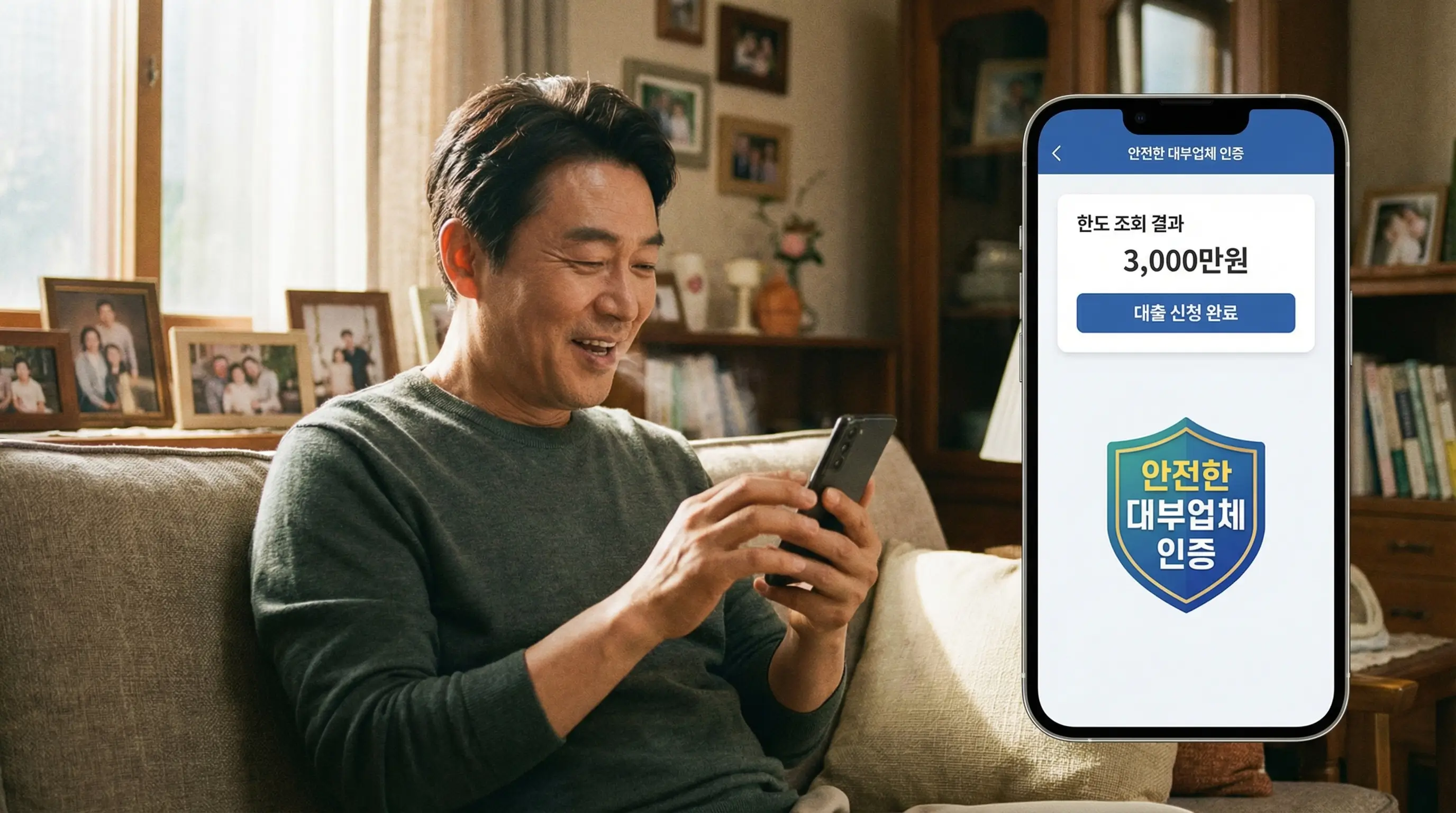 안전한 대부업체 앱을 통해 한도를 조회하고 자금을 마련하여 안도하는 대출 이용자의 모습