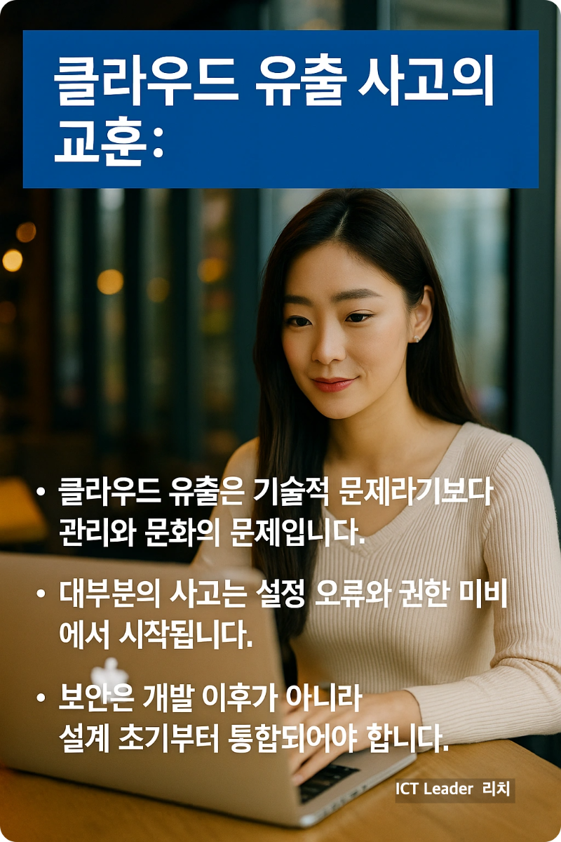 클라우드 데이터 유출 사고 공통 원인을 설명하는 카드뉴스 &ndash; 권한 관리 미흡, 자동화 부족, 로그 미설정 등 핵심 보안 취약점을 시각적으로 강조